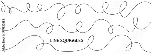 Long, wavy, thin squiggle and abstract curve for a cable or curvy drawing with a continuous line. Hand-drawn squiggly border and spiral element set on a white background, perfect for a simple.