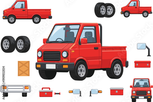 Red Mini Pickup Truck Vector Set Featuring Vehicle Views, Spare Tires, Toolboxes, and Mirrors for Logistics, Transportation, Automotive Service, and Delivery Design Projects