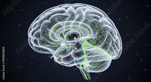 Transparent 3D illustration of a human brain with neon green and yellow neural pathways on a dark blue background with scattered white dots