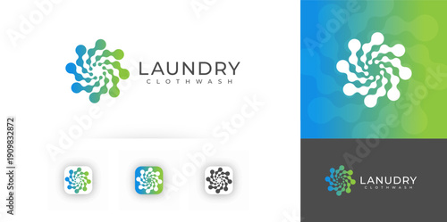 Laundry service logo, swirling droplets motion, clean fresh blue emblem design. Abstract washer vortex for branding, app icon, signage, packaging. Modern gradient minimal style. Vector illustration