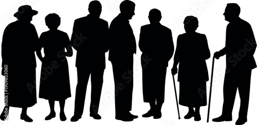 Diverse group of seven people of varying ages standing together in silhouettestyle on a white background