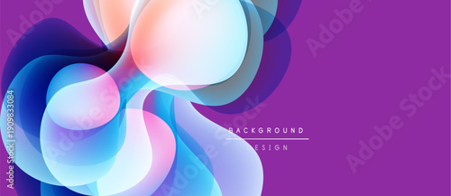 Abstract fluid shapes overlap, creating vibrant color gradients. Purple background enhances dynamic visual effect. Modern design element.