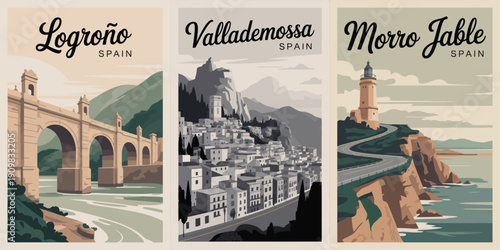 Spain travel poster, Logroño arched stone bridge reflected in calm waters with misty mountain backdrop, Valldemossa panel