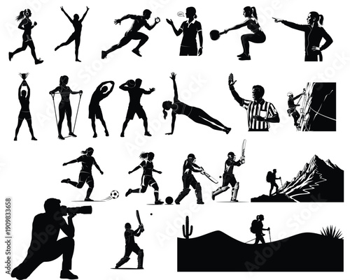 Collection of various human silhouettes in different poses and activities