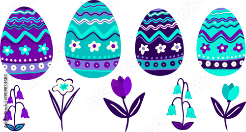 neon easter egg set with floral elements and ornaments in violet and turquoise tones for holiday greeting card design