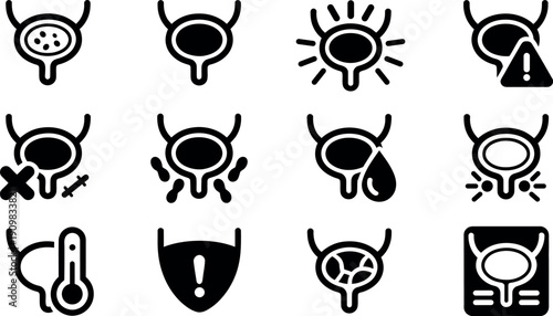 Set of stylized black and white icons representing bladder health and urinary system conditions