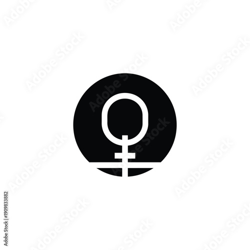 Minimalist graphic design featuring a white stylized female symbol or letter Q with a crossbar inside a solid black circle on a white background.
