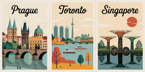 Prague travel poster, iconic Charles Bridge skyline with light background and elegant black text