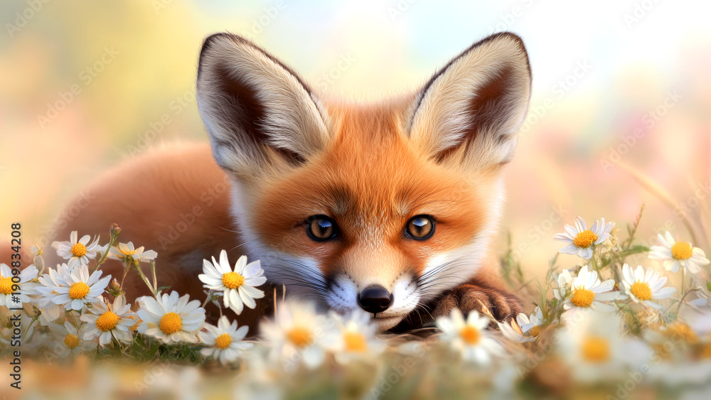 Fototapeta premium Adorable red fox resting among daisies in a sunlit meadow scene