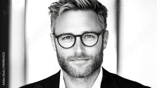Mature man male with glasses and beard in black and white portrait