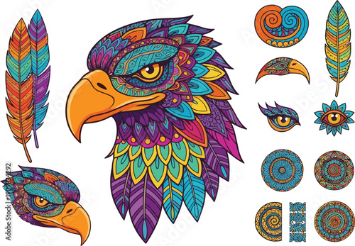 Vibrant Ornate Bald Eagle Mandala Vector Set Featuring Psychedelic Bird of Prey Head, Detailed Feather Patterns, and Tribal Zen Elements for Artistic Branding and Apparel Design