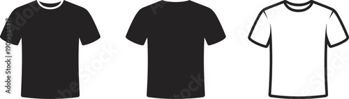 Blank t shirt mockup set, front view apparel template, black white tee silhouette, clothing design presentation vector illustration