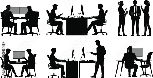 Business people silhouette collection, office teamwork meeting scenes, corporate professionals working at computers, communication collaboration workplace vector illustration set