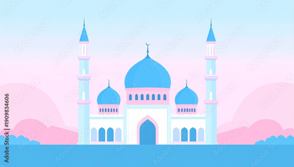Fototapeta premium Illustration of majestic blue mosque at sunset with minarets and soft pastel sky background