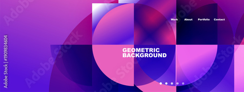 Abstract geometric design. Purple, blue hues dominate composition. Text reads Geometric Background, navigation visible. Modern aesthetic.