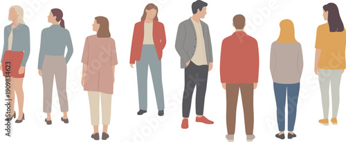 Casual people standing collection, diverse men women characters rear view, modern lifestyle fashion figures, flat vector illustration set