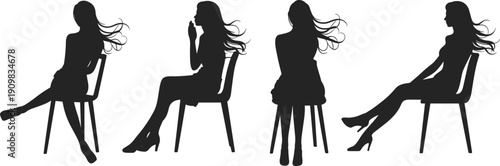Elegant woman silhouettes, seated female figures, fashion pose collection, stylish ladies sitting on chair, isolated vector illustration set