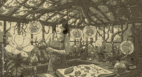 Woman in apron examines flowers in a greenhouse with glass containers and plants