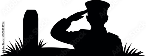 Silhouette soldier saluting a tombstone with grass around isolated on transparent background