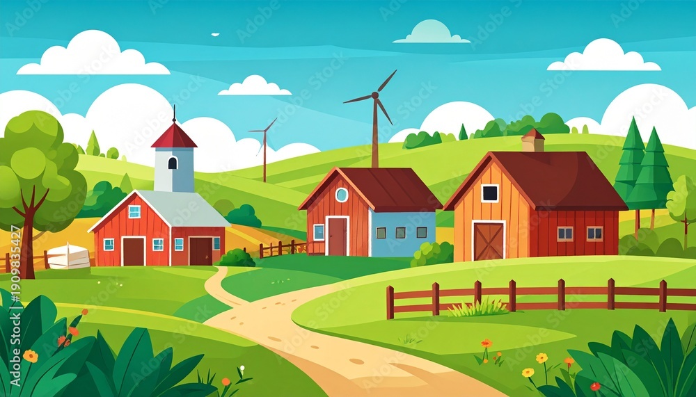 Naklejka premium Charming countryside village with red barns and wind turbines under blue sky