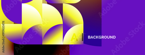 Abstract design features overlapping yellow shapes on purple background. Letter A present with text background. Modern, vibrant composition.