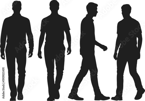 Walking man silhouettes, male figure collection, casual people poses, standing and moving men, isolated vector illustration set