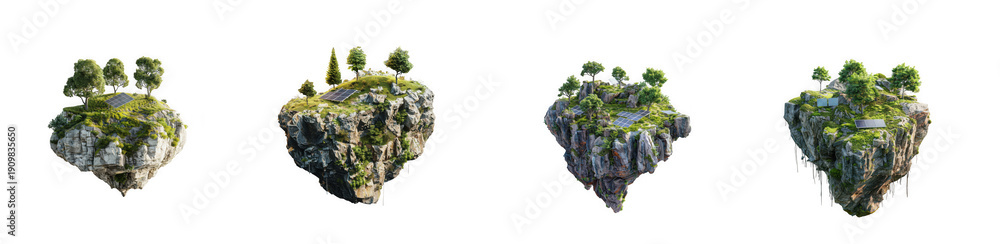 Fototapeta premium Green floating islands with trees, grass, and solar panels, sustainable eco-paradise concept. isolated on transparent background