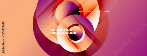 Abstract design features flowing shapes, vibrant colors. Website header includes navigation work, about, portfolio, contact. Geometric background dominates visual space.