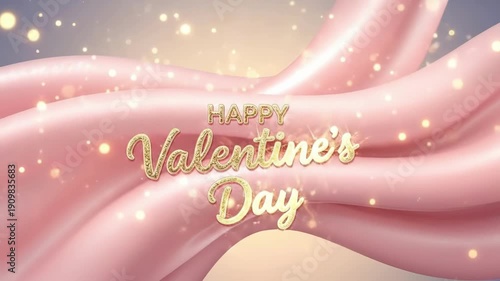 Happy Valentines Day greeting with golden text on pink silk fabric background. Romantic love holiday celebration.