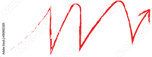 Red brush stroke zigzag arrow pointing upwards, representing a volatile journey or fluctuating progress