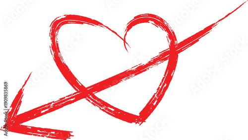 Red brush stroke heart pierced by a reverse arrow, symbol of love being rejected or turned away