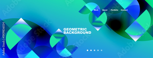 Abstract geometric background features vibrant blue, green hues. Website navigation includes work, about, portfolio, contact sections. Modern design.