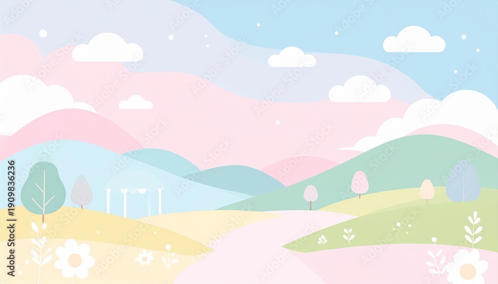 Fototapeta premium Colorful landscape sunset with rolling hills and soft clouds in pastel sky