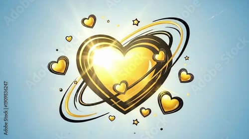 Shiny golden heart surrounded by glowing rings. Romantic symbol with stars and light rays. Valentines Day love concept for greeting card.
