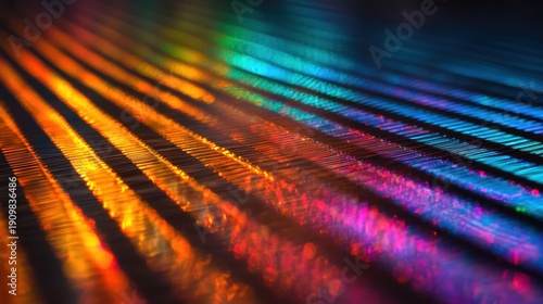 Holographic grating patterns displaying vibrant laser interference fringes with rainbow spectrum diffraction across precision optical surface under controlled illumination