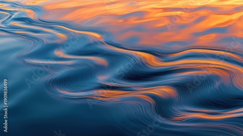 Wave interference bands flowing across liquid surface creating vibrant abstract patterns blue orange color spectrum natural light reflections smooth gradients serpentine formations