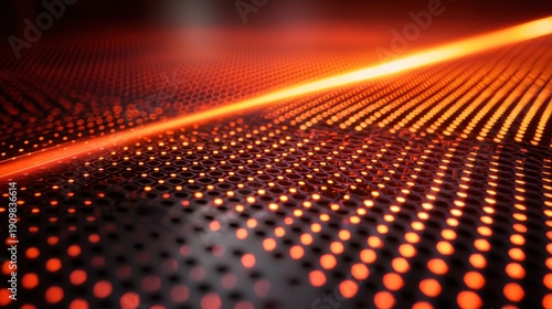 Laser speckle dynamics interference patterns glowing orange red light beams across dark textured surface diagonal perspective depth field effect abstract macro