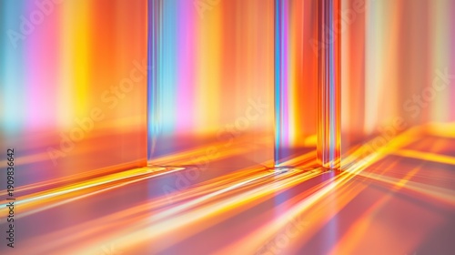 Optical pattern interference demonstrates light refraction through transparent panels creating rainbow spectrum bands across minimalist studio space environment