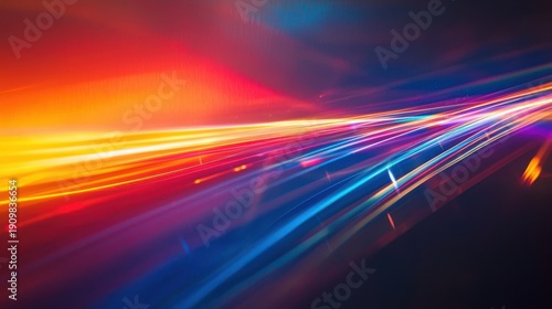 Laser beam modulation creating dynamic light streaks with vibrant spectrum colors yellow orange red cyan blue purple diagonal motion blur dark gradient background