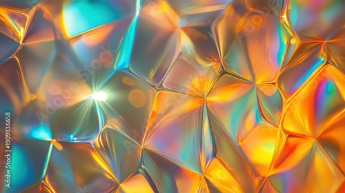 Laser beam divergence through crystalline faceted surfaces creating vibrant interference patterns with prismatic light refraction and geometric angular formations