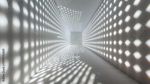 Laser beam modulation tunnel perspective geometric light pattern gray walls white dots convergence abstract technology scientific visualization precision