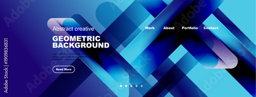 Abstract geometric background design. Blue gradients, shapes overlap. Website header with navigation options, text content visible.