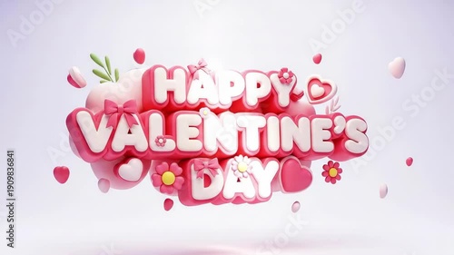 Happy Valentines Day 3D lettering with hearts and flowers. Festive design for greeting card or banner in pink and white. Love concept illustration.