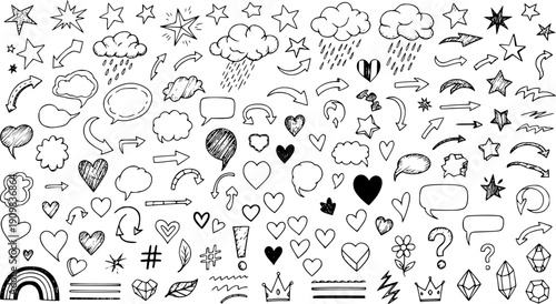 Сollection of various black doodle elements, manga-style illustration pictogram icon set. Transparent background EPS version.