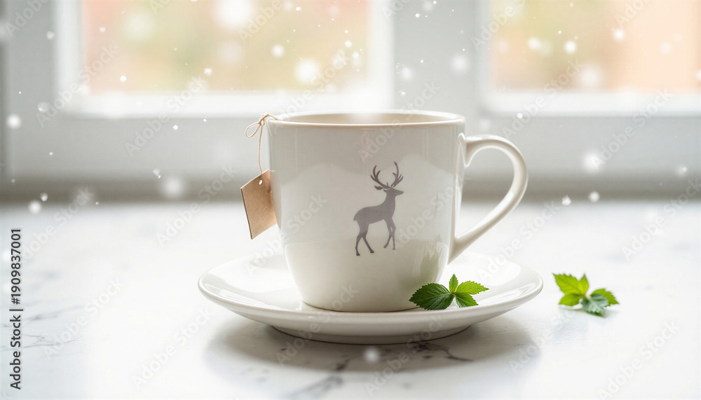 Fototapeta premium Cozy tea cup with reindeer design on saucer in snowy window scene 
