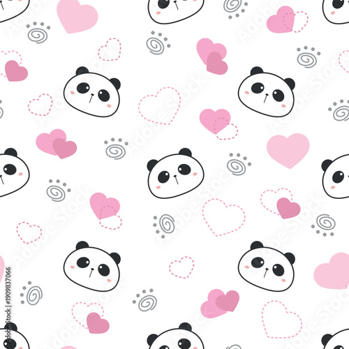 Seamless pattern with pandas, hearts and animal's paws