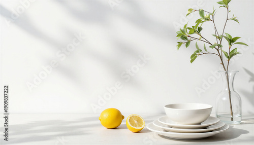 Fresh lemons and white plates arranged on minimalist table  