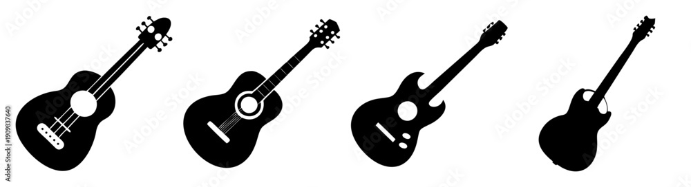 Fototapeta premium Set of five black electric guitars isolated on white background for music and performance design