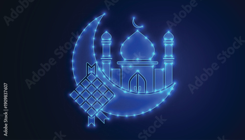 Ramadan Mubarak Islamic Greeting Background with Crescent Moon and Mosque, Blue Geometric Ramadan Design for Banner, Poster and Social Media