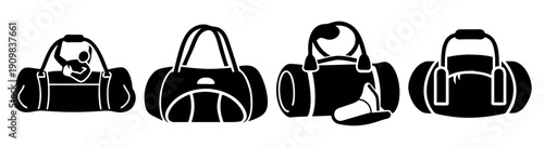 Set of four modern gym duffel bags vector illustration black and white sports travel workout accessories